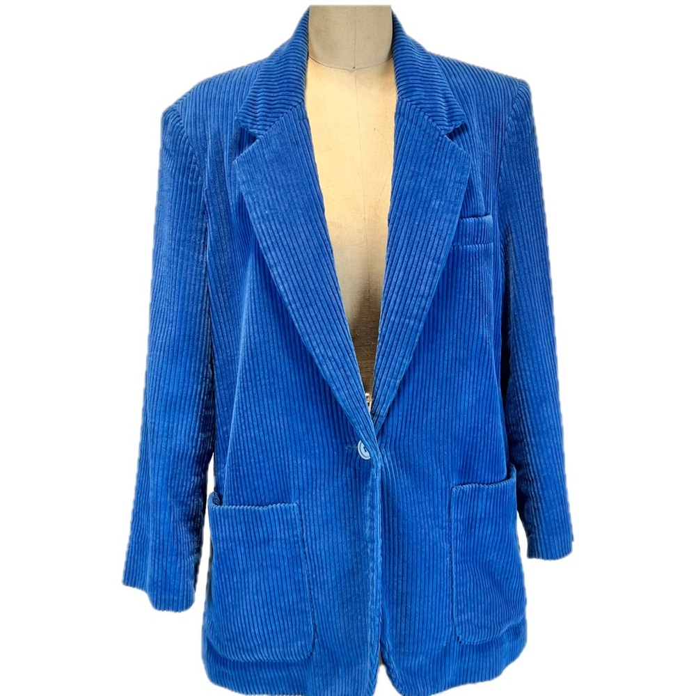 VINTAGE cobalt blue wide wale corduroy blazer suit jacket coat womens 90s cotton